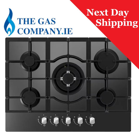 5 Burner Black Glass Gas Hob with Cast Pot Supports TGCUBGOG70BK 70cm