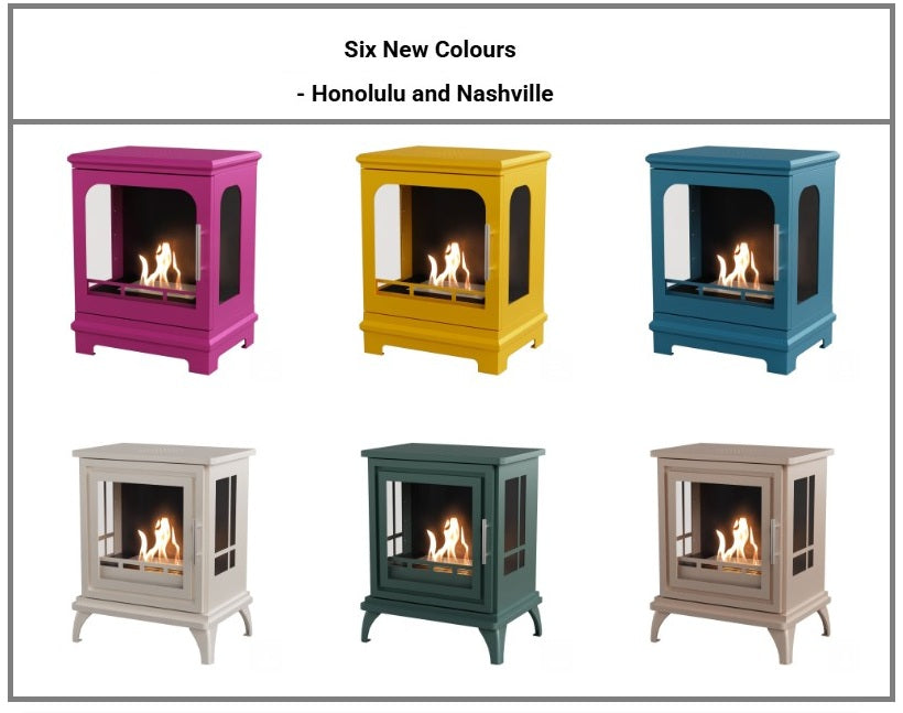 Bioethanol Stove Range freestanding fireplace with visible flames on a white background