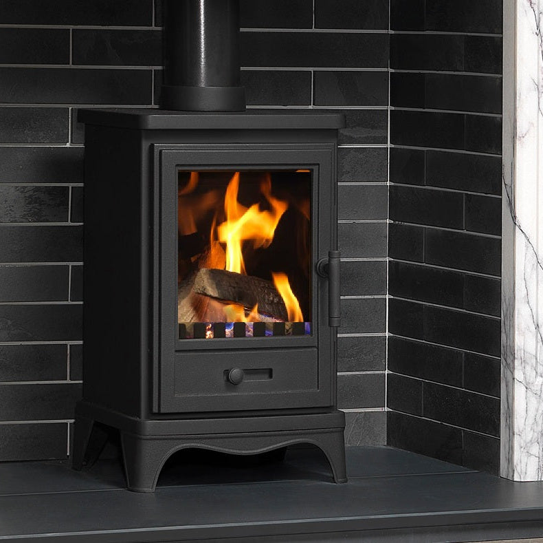 Penman Bassington Compact Log Effect Natural Gas Stove in Matt Black - Conventional Flue 0 Cream Reflective Liners Skirted Legs