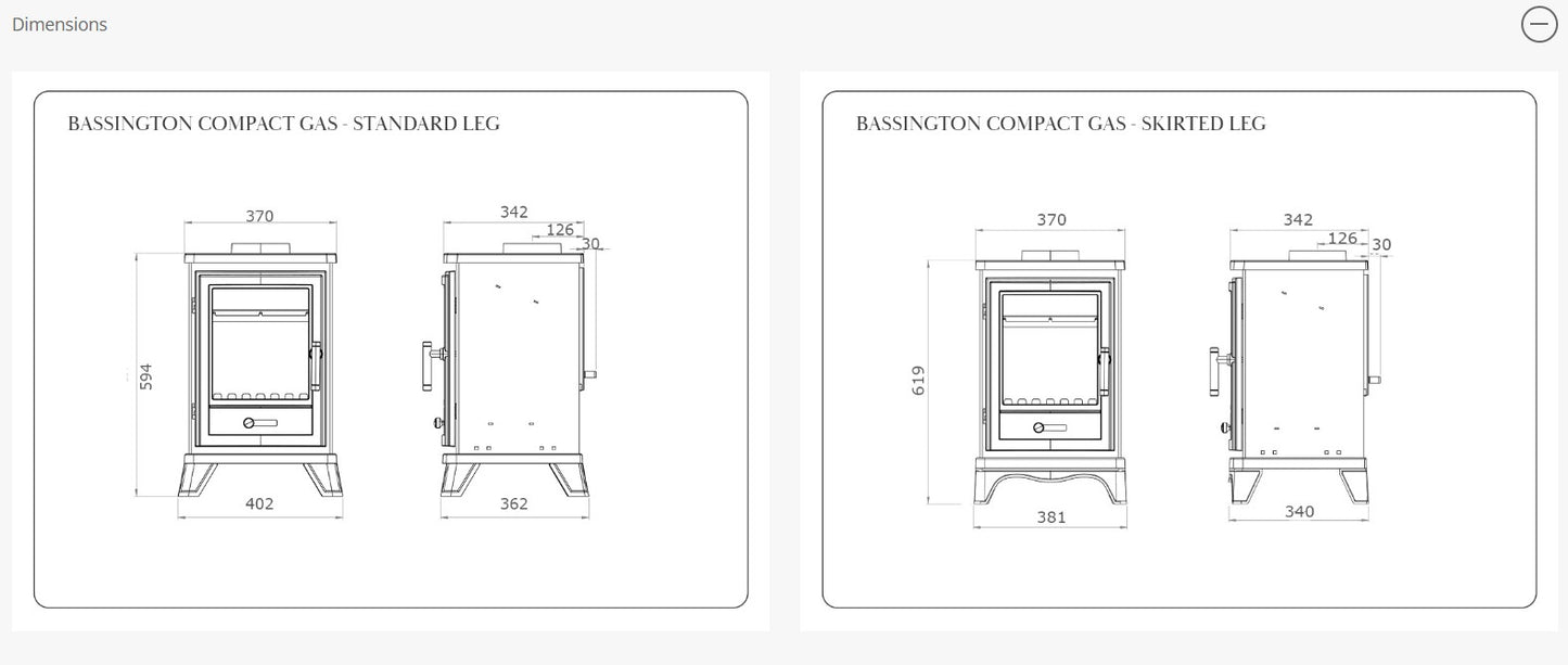 Penman Bassington Compact Log Effect Chimney Gas Stove Matt Black Skirted Leg