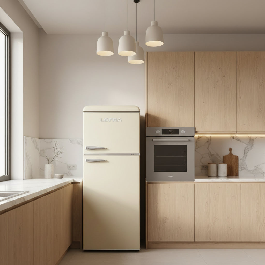 A Lofra retro-style top-freezer refrigerator in a champagne gold finish with chrome handles, shown on a plain white background with a 'Made in Italy' shield icon in the top right corner.