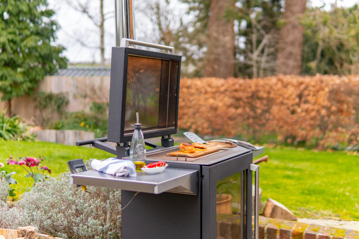 Wood Burning Portable Outdoor Stove Barbeque Grill Complete with Flue Pipe and 2 Side Tables