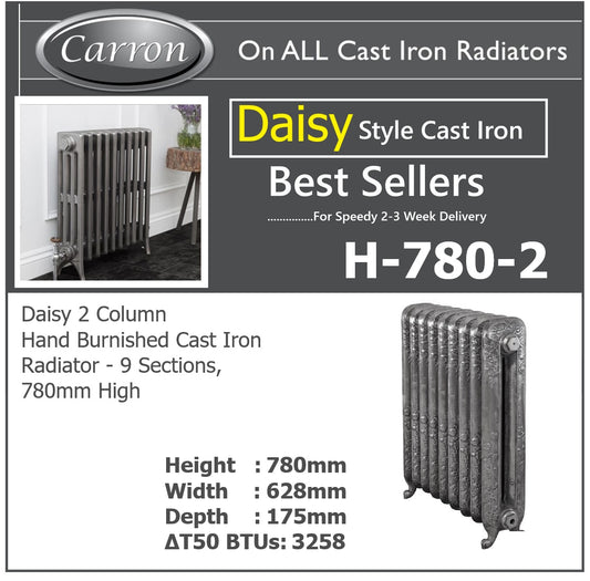 DAISY Brushed Cast Iron Radiator–2 Column 9 Section,780 High by W706 by D220mm. Brushed Steel