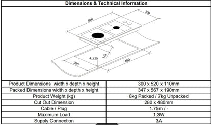 Gas 2 Burner Two Ring Dominiq Black Glass Gas Hob, (NEXT DAY SHIPPING) Dimensions