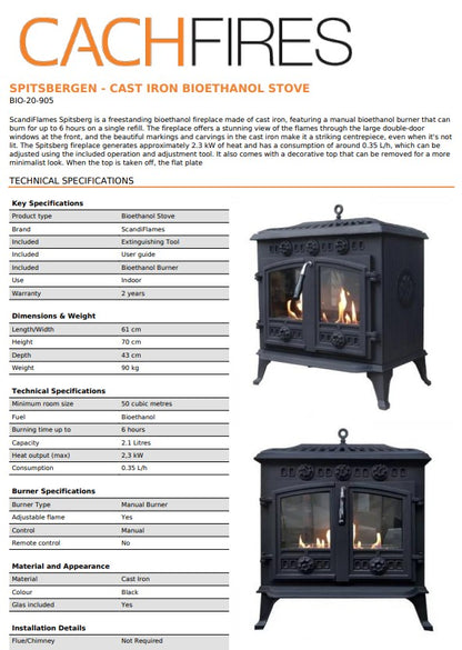 Scandi-Flame Bergen Small Cast Iron Bioethanol Flueless Real Fire Flame Stove