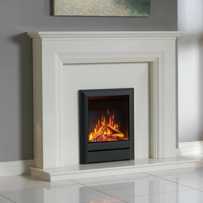 A modern Wildfire Ravel 400e Electric Fire in Anthracite,  insert with realistic orange and yellow flames, set within a white fireplace mantel. 
