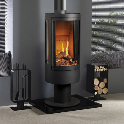 Modern Elegance black freestanding cylindrical electric stove with flames and logs inside, surrounded by decorative elements.