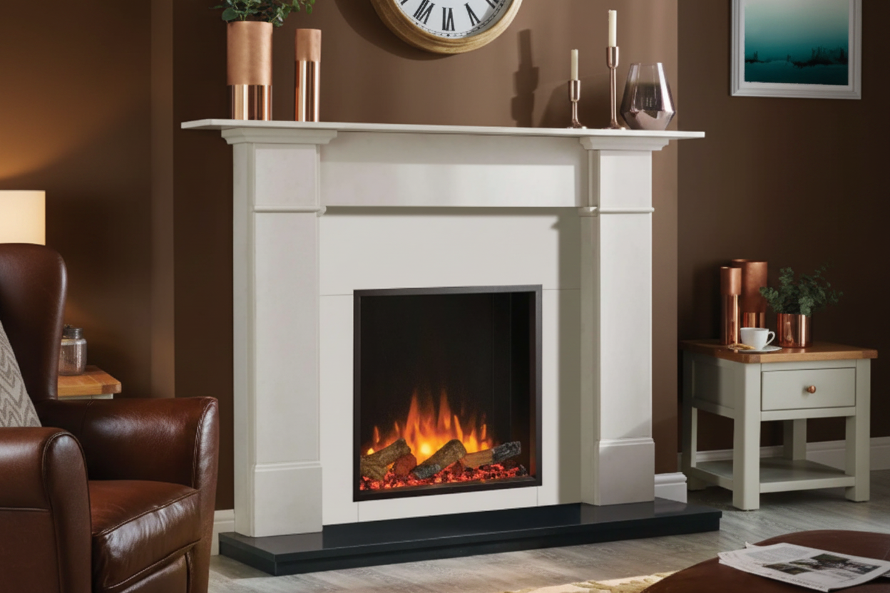 White electric fireplace with decorative items on a dark blue wall