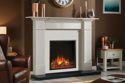 White electric fireplace with decorative items on a dark blue wall
