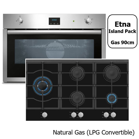 Stainless Steel 90cm Wide Fan Gas Oven & 5 Burner 90cm Gas Glass Hob :Etna Island Pack