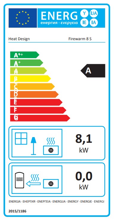 Heat Design Firewarm 8kW Steel Slim Wide Lucan Solid Fuel Stove Energy Label