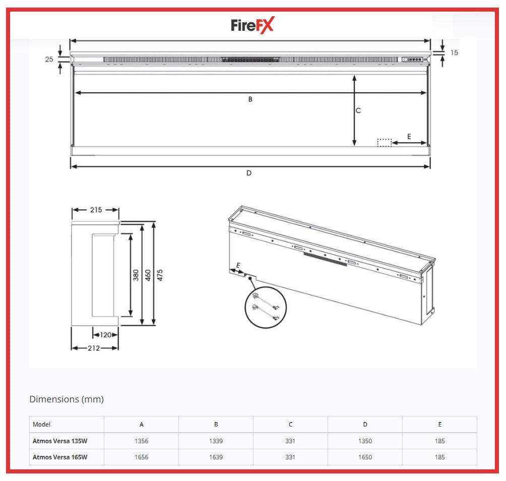 Atmos Fire FX Versa Range Technical dimension diagram for a FireFX wall-mounted air conditioner or heat pump unit, showing front, side, and angled views with labeled dimensions and a small measurement table for models A through E.