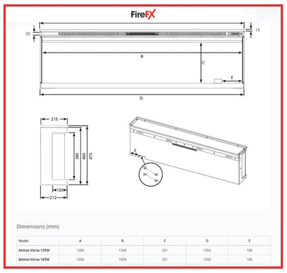 Atmos Fire FX Versa Range Technical dimension diagram for a FireFX wall-mounted air conditioner or heat pump unit, showing front, side, and angled views with labeled dimensions and a small measurement table for models A through E.