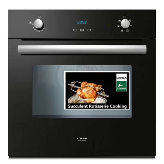Lofra Gaia Black Glass FOVN 66GE Built in Single Fan Assisted Gas Oven with Rotisserie 60cm