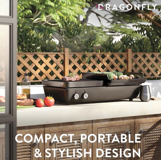 Stovax Gazco Dragonfly Ferleon Gas Double Cheftop Outdoor  BBQ Modular Cooker Plancha Grill on countertop
