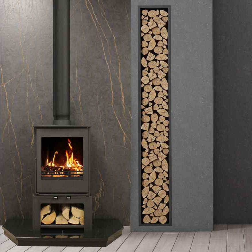 Heat Design Firewarm 5kW Steel Slim Wide Solid Fuel Stove & Chimney Flue Liner Bundle with Log Box