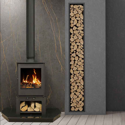 Heat Design Firewarm 5kW Steel Slim Wide Solid Fuel Stove & Chimney Flue Liner Bundle with Log Box