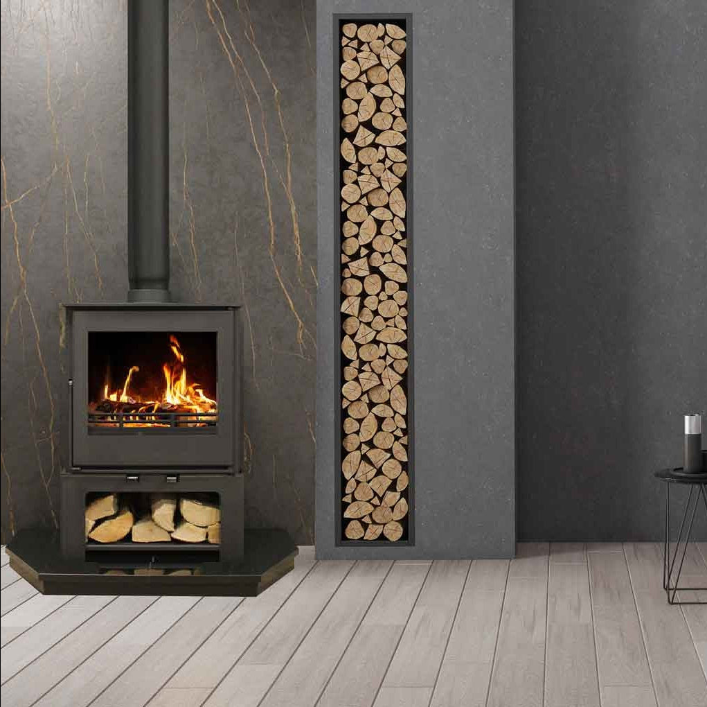 Heat Design Firewarm 8kW Steel Slim Wide Lucan Solid Fuel Stove with Log Store
