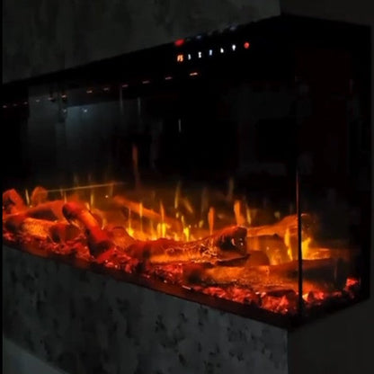 Electric fireplace with glowing logs and flames in a dark setting