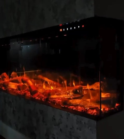 Electric fireplace with glowing logs and flames in a dark setting