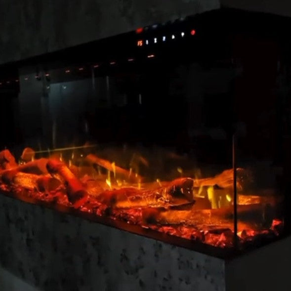 Electric fireplace with glowing logs and flames on a dark background