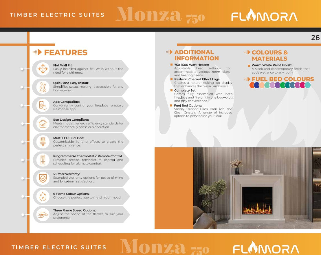 Flamora Monza 750 Warm White Timber Electric Fireplace Suite for Appartment New Build