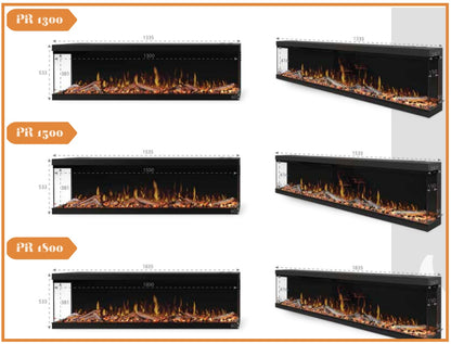 Electric Flamora Electric fire drawings of different sizes labeled PR 1300, PR 1500, and PR 1800 on a white background.