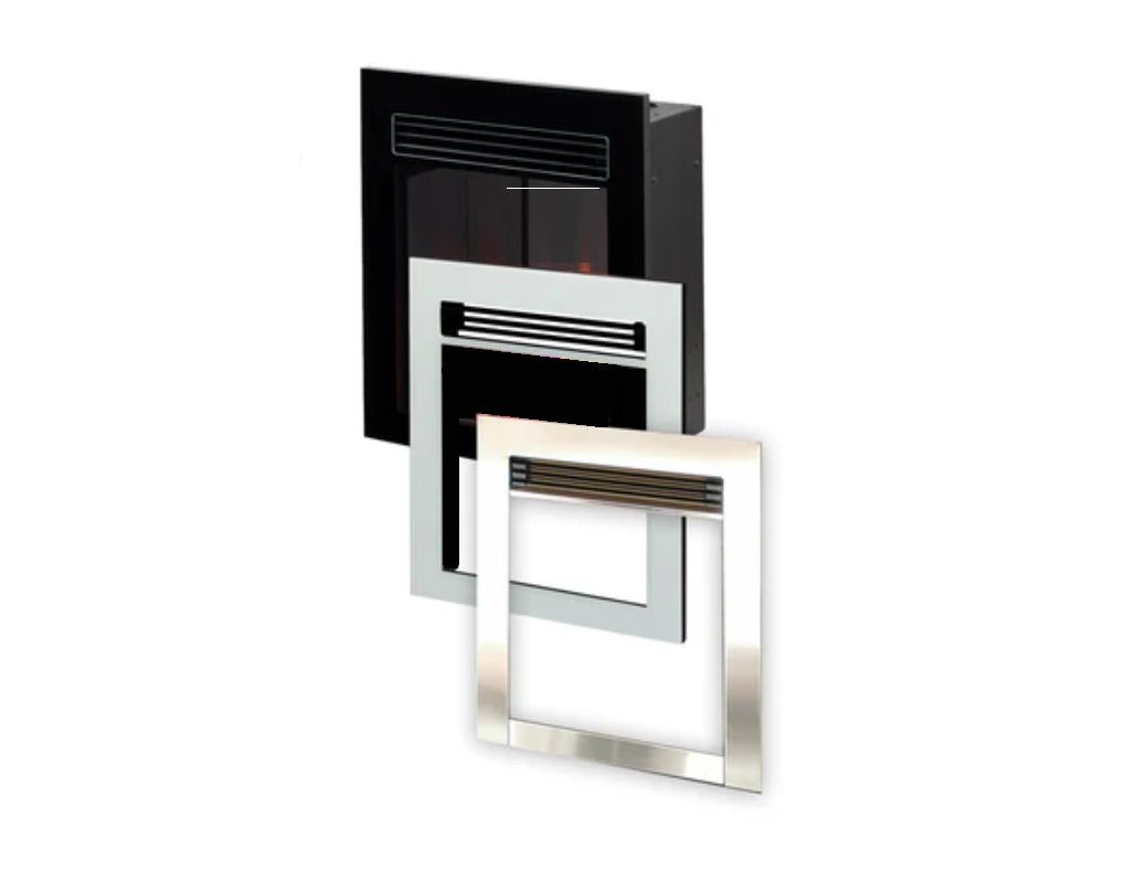 Two modern wall-mounted electric fireplaces in black and silver on a white background frames for the Heat Design Iconic Trance 400 ultra realistic framed electric fire