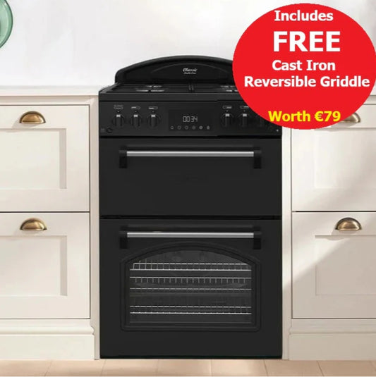 Classic Deluxe CLA60GA-DLX Black Gas Double Oven 60cm Cooker with Cast Iron Cooker Grids