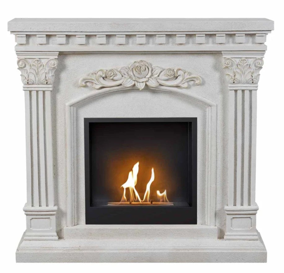 Freyr Bioethanol Fireplace Suite in White/Grey PolyStone Freestanding with Bioethanol Fire