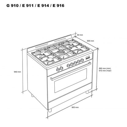 Meireles E916 BK 90cm Professional Dual Fuel Cooker Double Oven Black with Stainless Steel Cheftop Dimensions