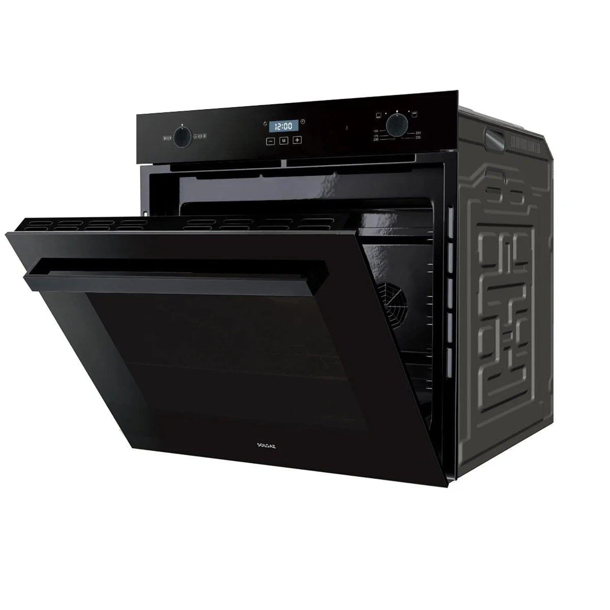 Solgaz Kopia SPG-90-1-1 built-in gas oven in black glass, Oven, Grill & Rotisserie, 67 Litres, open door