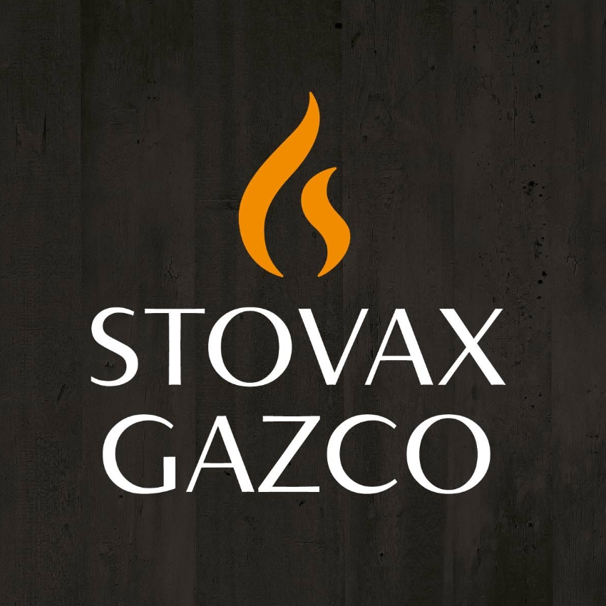 Stovax Gazco logo with a flame icon on a dark background