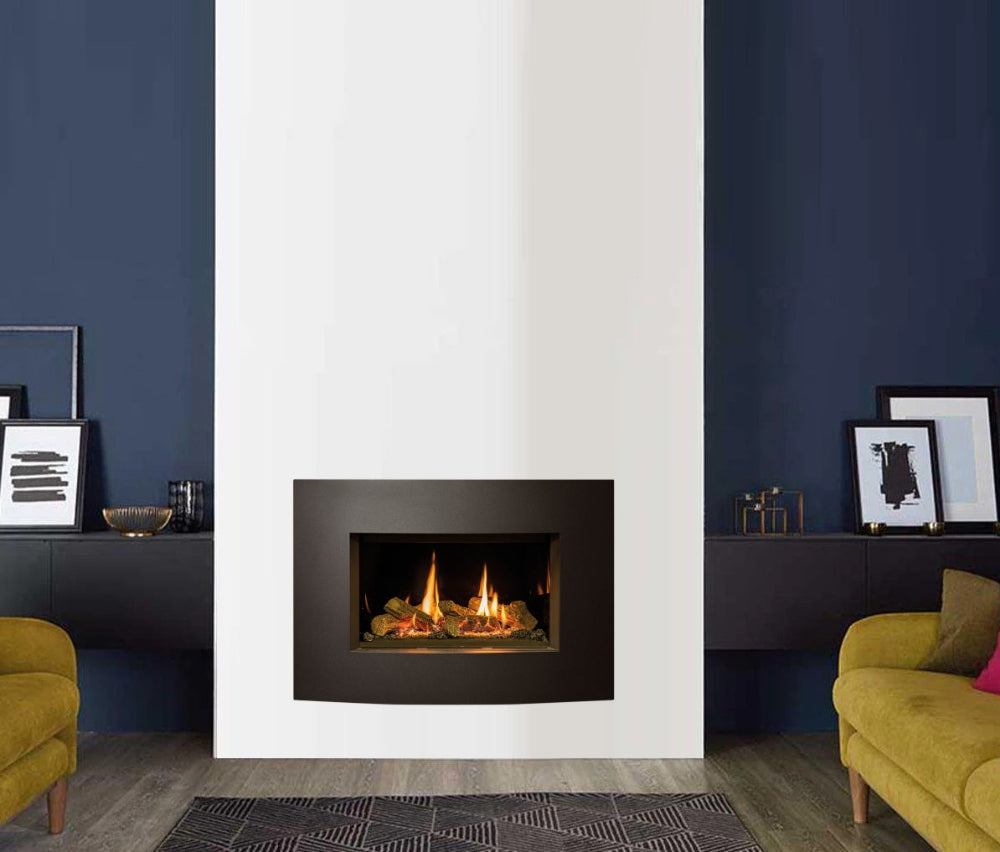 Modern fireplace in a living room with blue walls and yellow furniture.