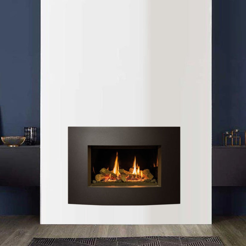 Modern fireplace in a living room with blue walls and yellow furniture 