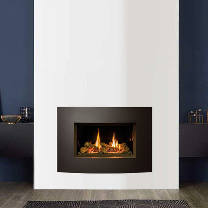 Modern fireplace in a living room with blue walls and yellow furniture 