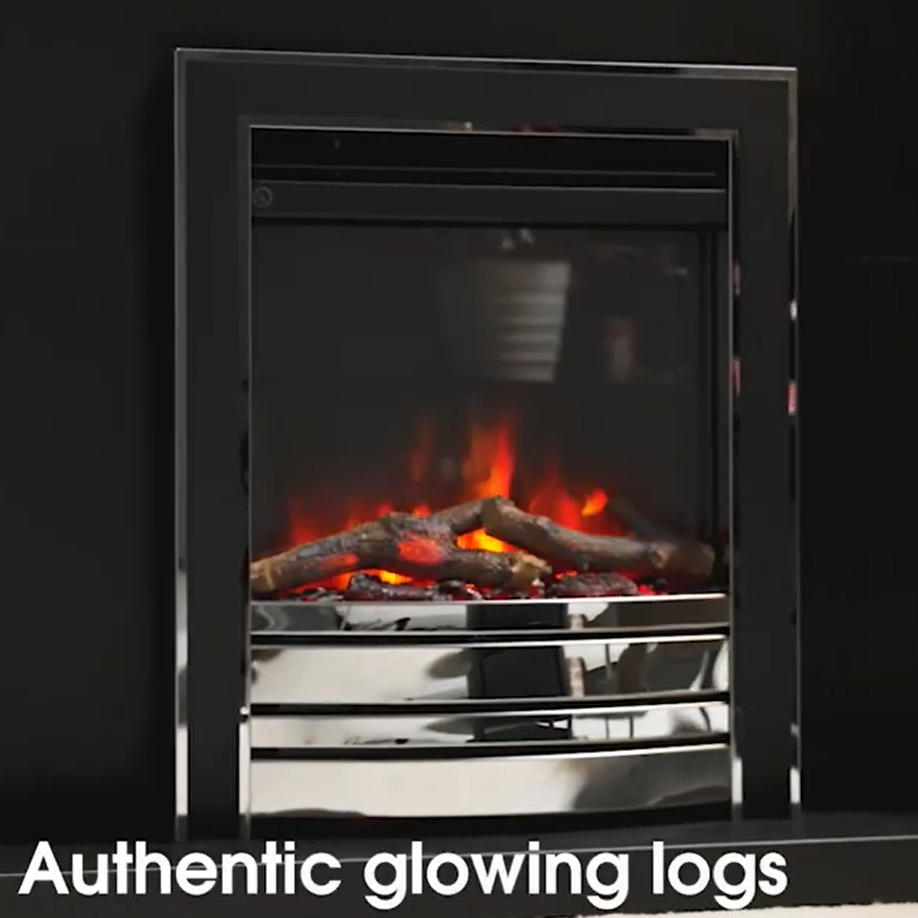 Electric fireplace with glowing logs inside a glass door on a black background