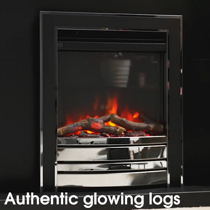 Electric fireplace with glowing logs inside a glass door on a black background