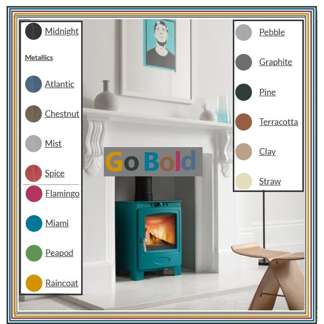  Arada Stove Colour Options (Complete Range)
Standard / Core Colour
Midnight (Black – standard finish)
🌫️ Original & Metallic Colours
Atlantic (blue)
Chestnut (brown)
Mist (light grey)
Spice (red)
 Earth Collection (Natural tones)
Pebble
Graphite
Pine
Terracotta
Clay
Straw
 “Go Bold” – BOLD Edit Colours
Flamingo (pink)
Miami (blue)
Peapod (green)
Raincoat (yellow