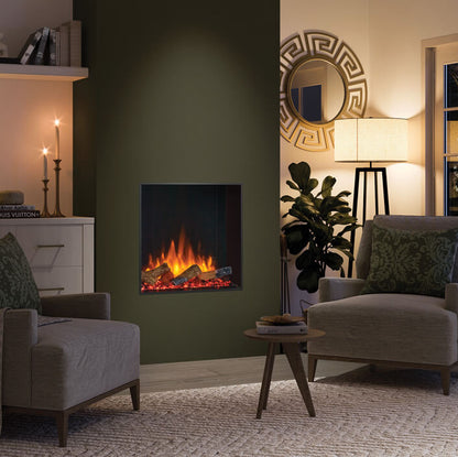 Living room with a wall-mounted electric fireplace, gray sofa, and armchair.