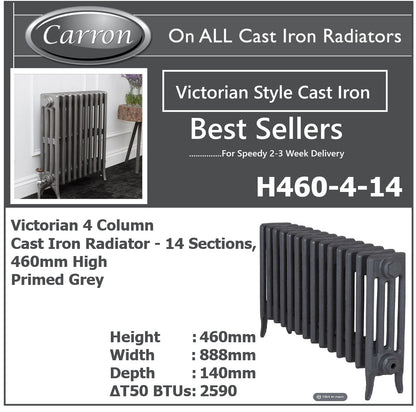 Victorian Cast Iron Radiator–4 Column 14 Section,460 High by W1078 by D140mm, (Primed Grey)