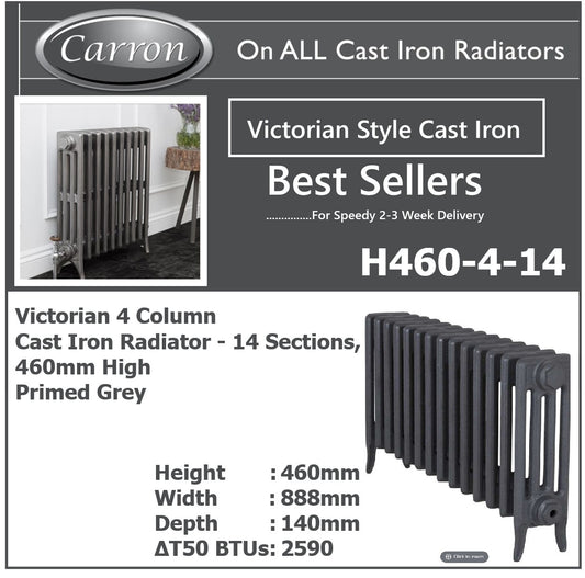 Victorian Cast Iron Radiator–4 Column 14 Section,460 High by W1078 by D140mm, (Primed Grey)