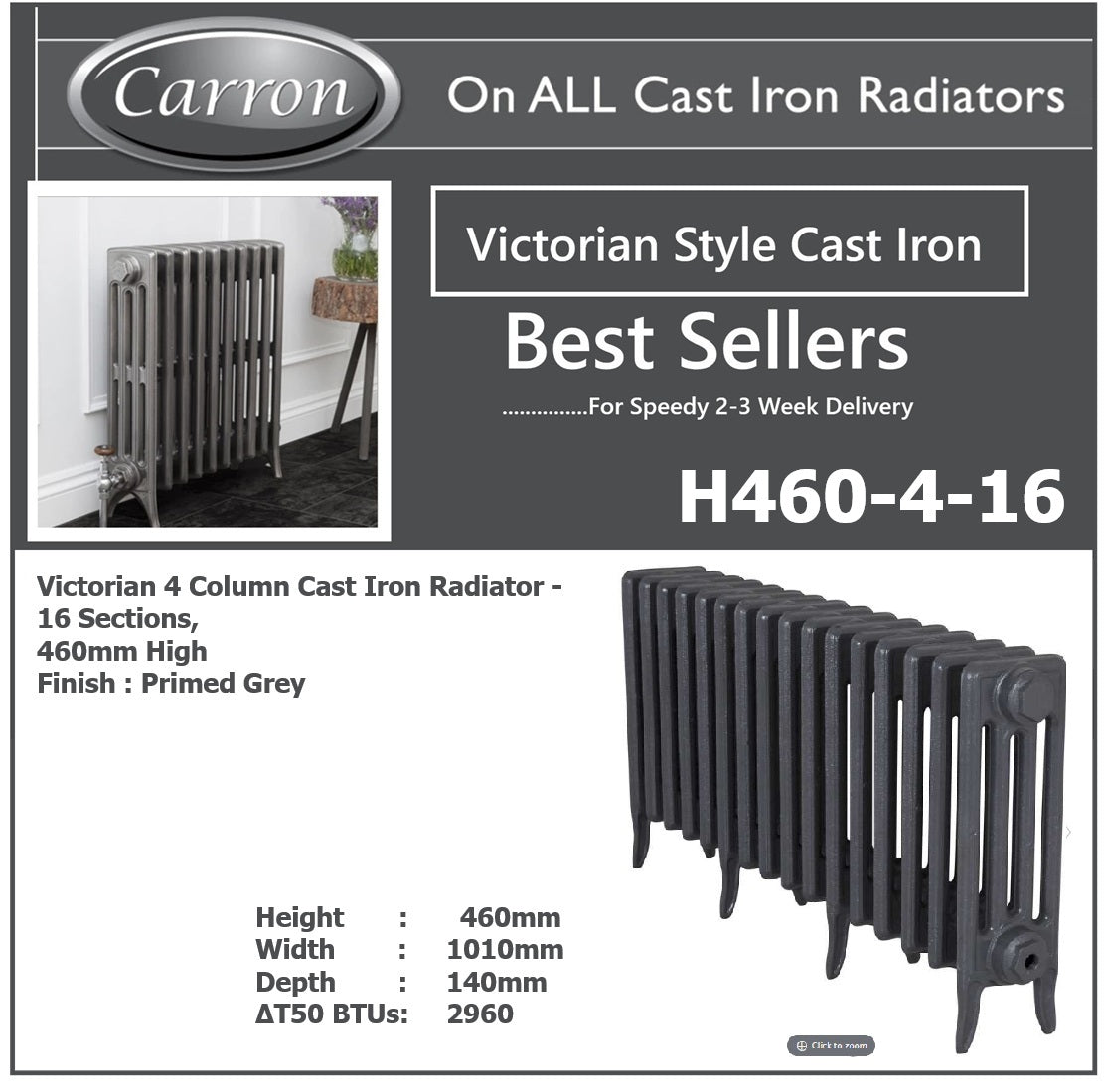 Victorian Cast Iron Radiator–4 Column 16 Section,460 High by W1193 by D140mm, (Primed Grey)