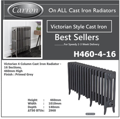 Victorian Cast Iron Radiator–4 Column 16 Section,460 High by W1193 by D140mm, (Primed Grey)