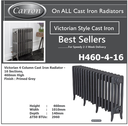 Victorian Cast Iron Radiator–4 Column 16 Section,460 High by W1193 by D140mm, (Primed Grey)
