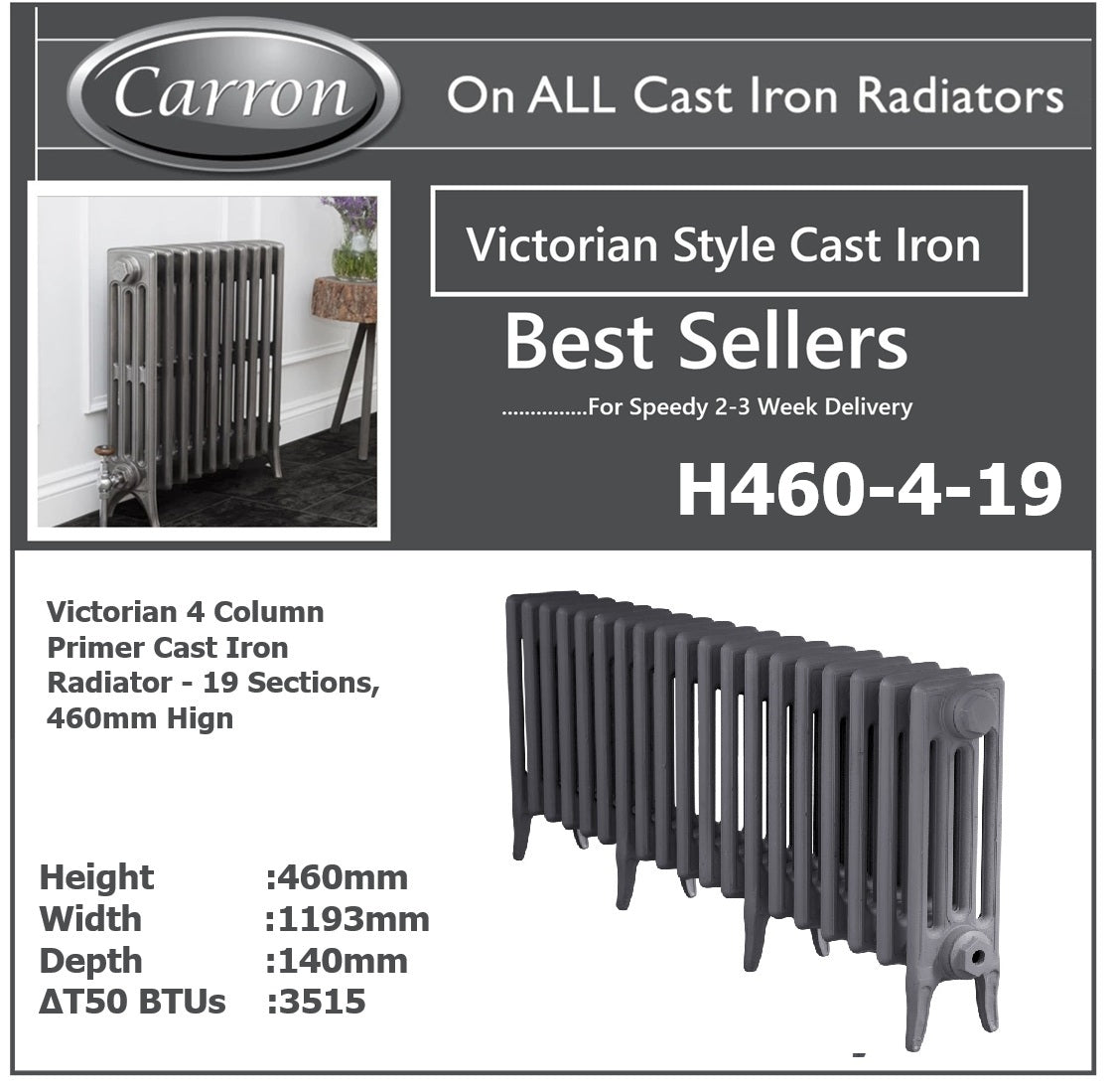 Victorian Cast Iron Radiator–4 Column 19 Section,460 High by W1193 by D140mm, (Primed Grey)