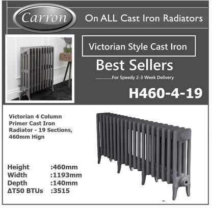 Victorian Cast Iron Radiator–4 Column 19 Section,460 High by W1193 by D140mm, (Primed Grey)