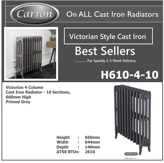 Victorian Cast Iron Radiator 4 Column - 10 Sections, 460mm High by L644 by D140, Primed Grey