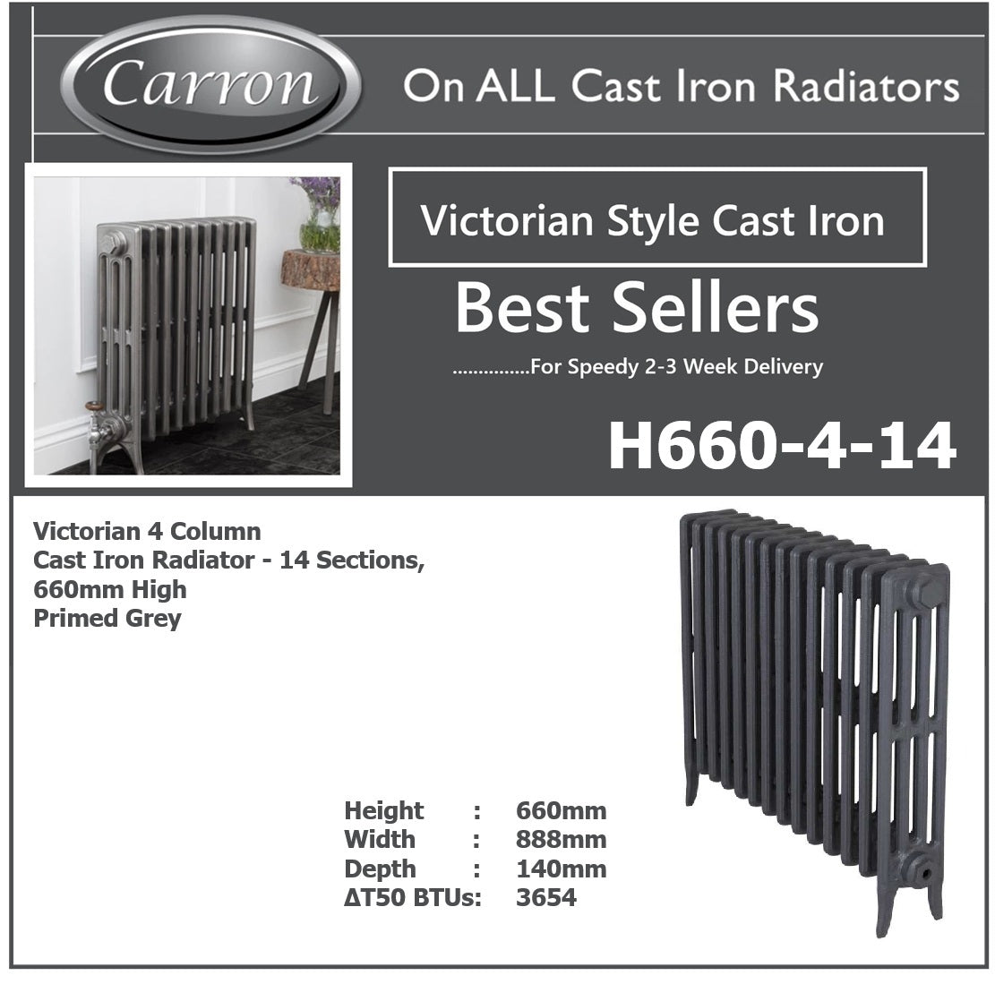 Victorian Cast Iron Radiator–4 Column 14 Section,660 High ,W1078 by D140mm(Primed Grey)