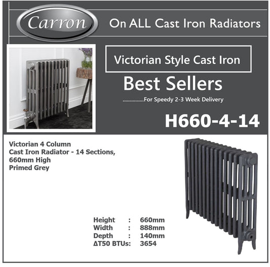Victorian Cast Iron Radiator–4 Column 14 Section,660 High ,W1078 by D140mm(Primed Grey)
